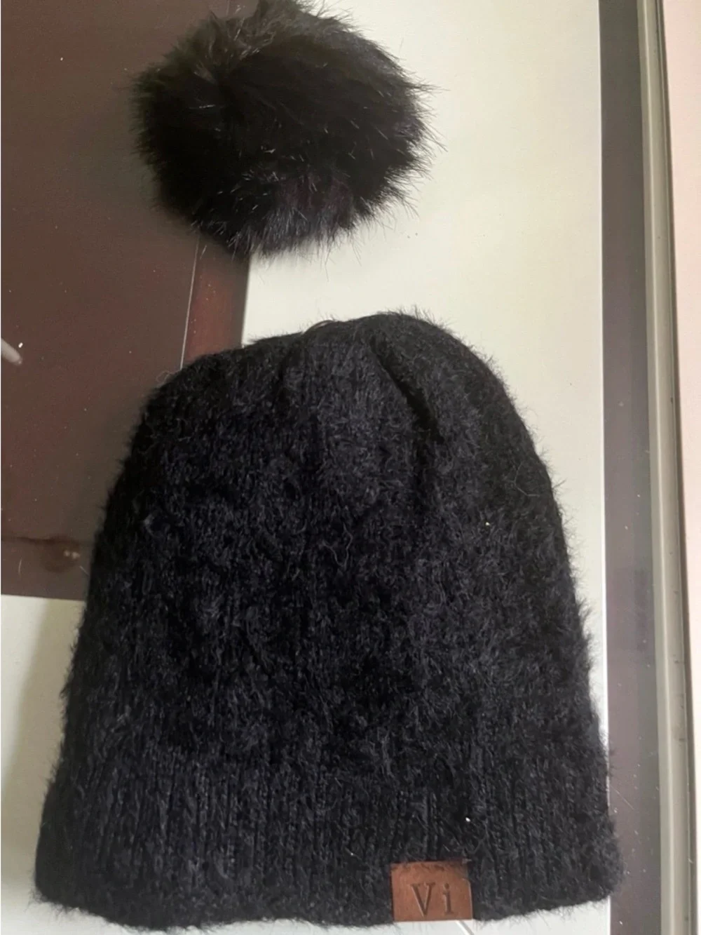 Super Soft Feathered Faux Fur Pom Cuffed Knit Beanie-New